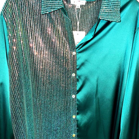 GeeGee Plus - Women's Size 1XL Green Sequins Long Sleeve Button Up Blouse - Picture 3 of 11